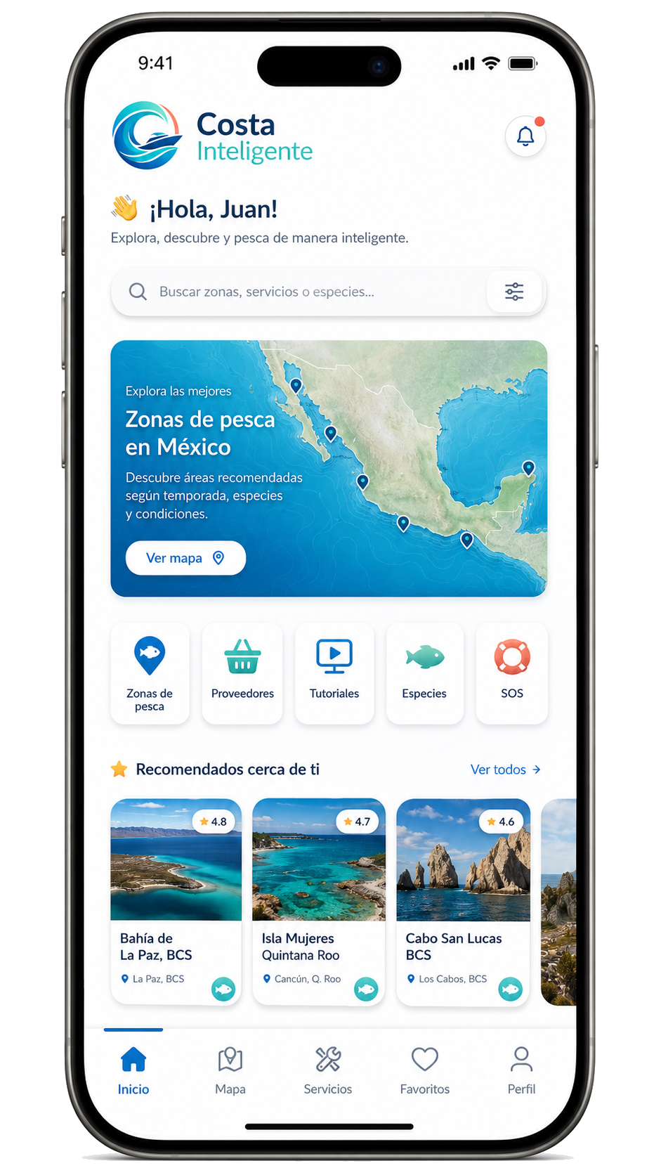 Interfaz móvil de Costa Inteligente con zonas, servicios y recomendaciones