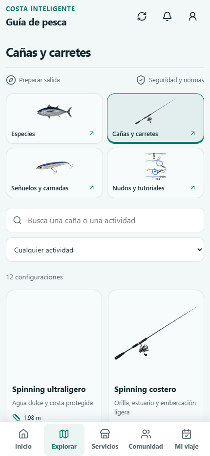 Pantalla real de Costa Inteligente: cañas y carretes