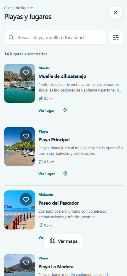 Pantalla real de Costa Inteligente: playas y lugares