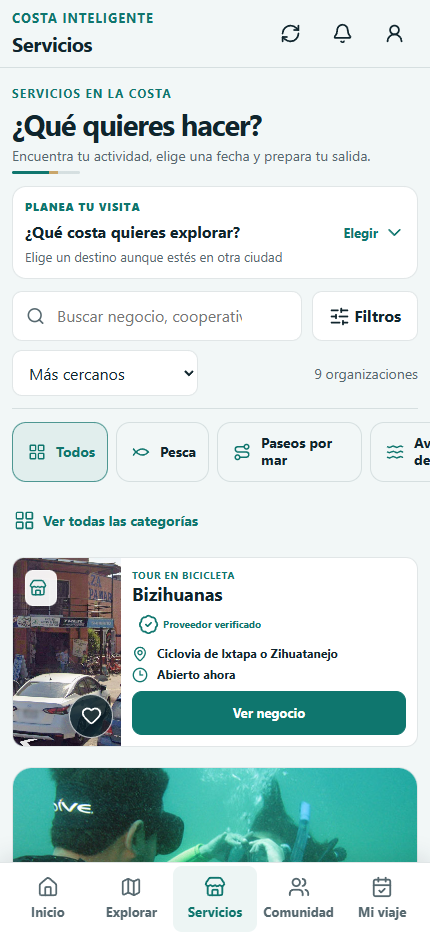 Pantalla real de Costa Inteligente: servicios locales